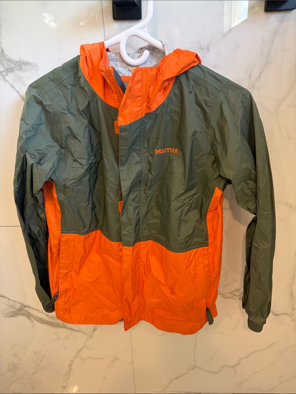 Marmot Kids Two-Tone Olive and Bright Orange Hooded Rain Jacket